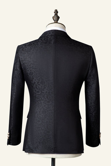 Svart Jacquard dubbelknäppt 3-delad herrdräkt